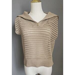 Open Knit Zip Short Sleeve Wide Collar Sweater tshirt Crochet Taupe Brown Y2K